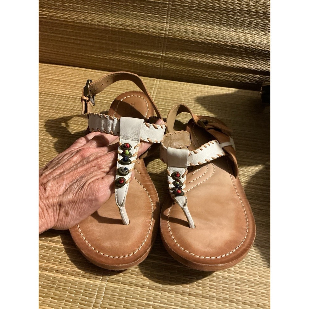 H S Trask Women's Sandals Navajo Bead Work Accent 9 Toe Post Leather Whipstitch